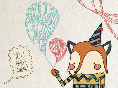 You party animal! animal birthday card character drawing fox greetings handmade handwritting illustration lettering party