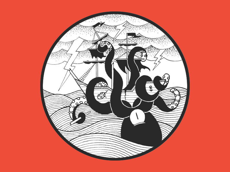 Kraken just want to make friends sea ship tattoo illustration oldschool white black ink kraken