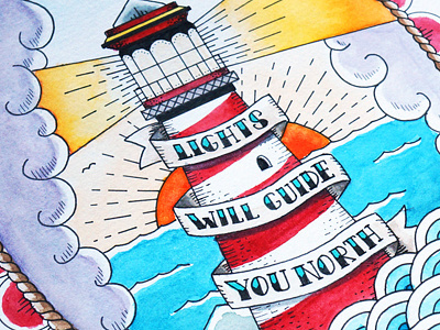 Lights will guide you north drawing illustration lighthouse lights navy ocean old school sailor tattoo watercolor