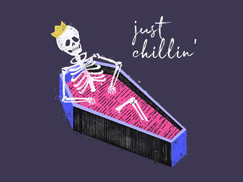 just chillin' dark paint vector illustration stamp ink distressed coffin skull halloween creepy skeleton