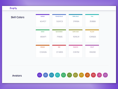 Zugata Style Guide avatars design jessica phan purple skill colors style guide ui ux whitespace zugata zugify