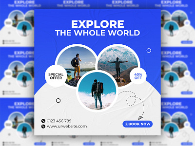 Travel agency social media post, promotional ads design template