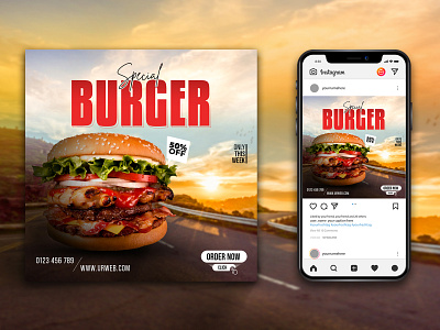 Special burger social media post design free download ads design banner design burger post facebook post fast food graphic design instagram post media post design promo ads promotional banner restaurant social social media social media post web banner