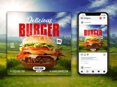 Delicious burger social media post design template