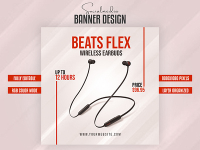 Earbuds social media post, Banner design, Web banner, Promo ads