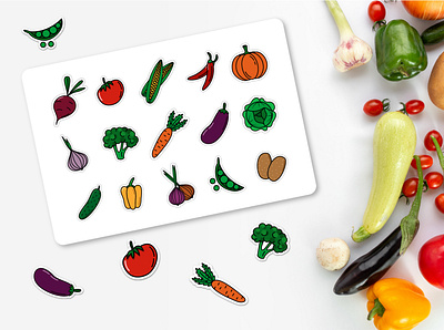 Cartoon vegetable stickers collection branding cartoon collection doodle food printed set sticker vector vegetables