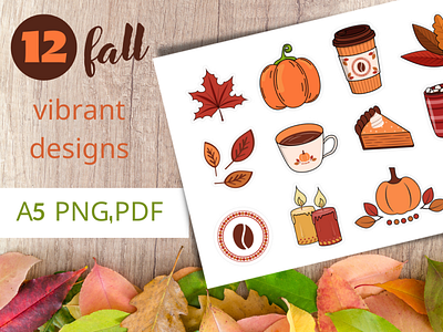 12 fall vibrant designs (sticker sheet) autumn cartoon coffee creative market fall illustration printable pumpkin sticker sheet stickers vector