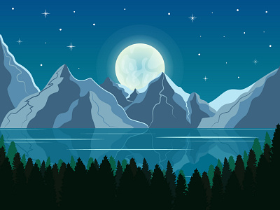 Night in the mountains vector illustration cartoon forest full moon illustration lake landscape mountains night starry night vector