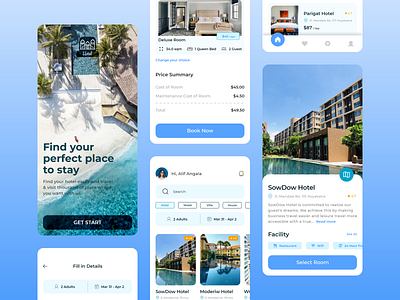 HOTEL BOOKING APP DESIGN app blue booking app color design hotel hotel bookig mobile design mobile ui mobole presentation resort ui