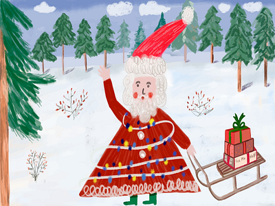 SANTA WISH YOU MERRY CHRISTMAS! bushes happiness joy pine tree presents santa sledge snowfall toys winter wolf