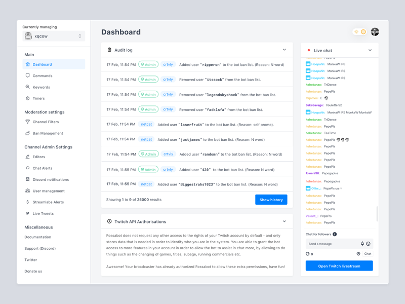 Fossabot - Dashboard admins bot clean commands dark theme dashboard fossabot moderation saas app toggle twitch twitch bot ui ux white theme