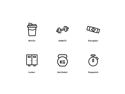 Fitness icons exploration black bottle clean dumbell energybar fitness icons icons design icons pack icons set kettlebel lcoker outline sports stopwatch
