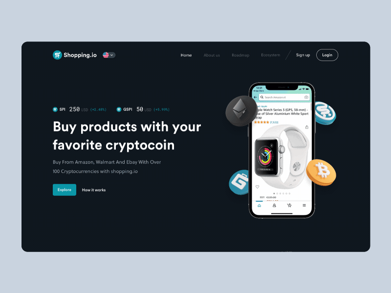 Shopping.io foundation homepage animation btc clean crypto cryptocurrency design gif homepage shopping web website