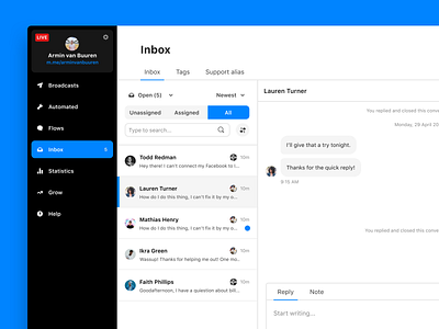 I AM POP - Inbox Feature blue clean customer support feature i am pop inbox messenger messenging support ui ux web