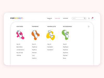 PopSockets Website Redesign branding design drop down menu ecommerce ecommerce design icon iconography icons illustration popsockets typography ui ui ux uidesign ux webdeisgn webdesign website website concept website design