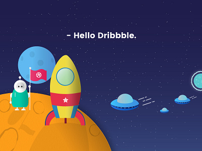 Hello Dribbble illustration moon planet robot shuttle space spaceship stars