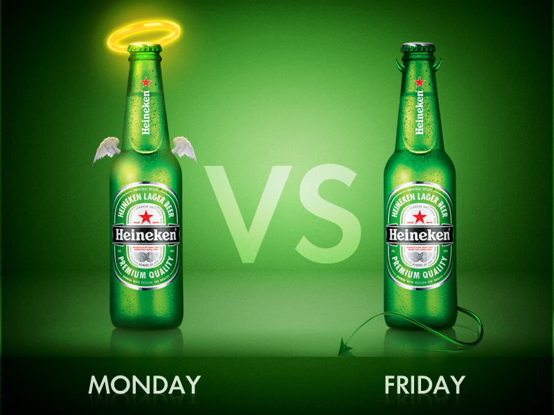Heineken: Monday VS Friday advertising beer devil evil friday green heineken illustration innocent monday saint satan satanic tail vs