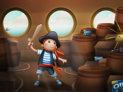 OREO - Peter and the treasure island 2 barrel boat child children illustration kid pirate scuttle sea ship sword wooden