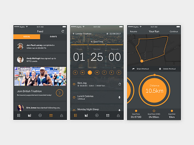 Event Training App Design app design dark dark ui events grey icons map orange timer training app triathlon ui design