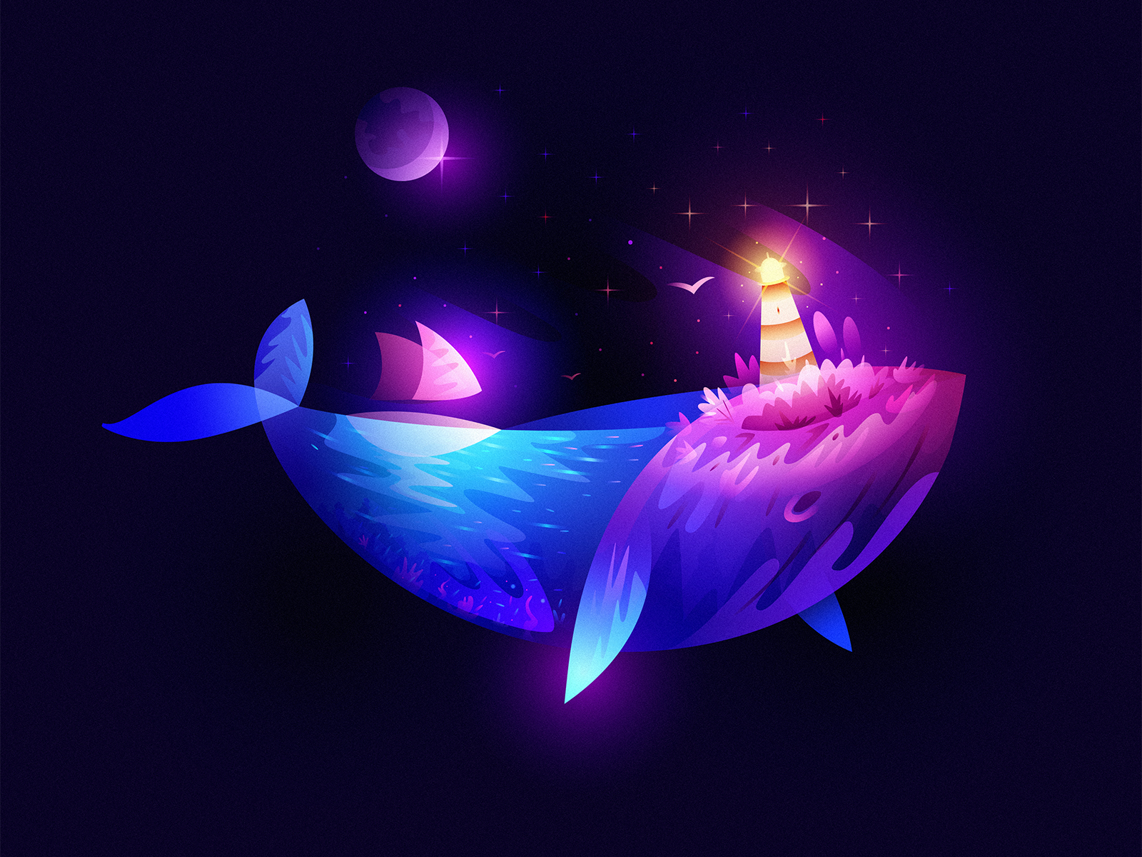 Whale 2021 lighthouse ocean color space design dream overlay light fantasy illustration whale
