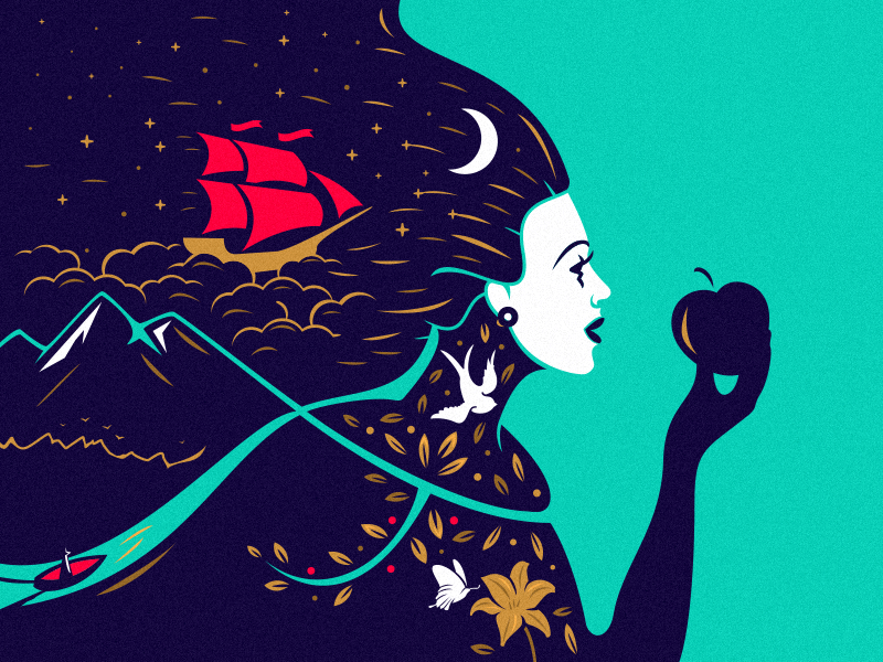 Dreamland apple boat dreams illustration moon night oldschool river ship sky star women