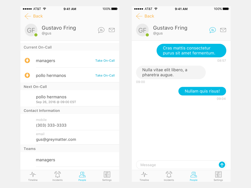 User Profile (WIP) chatops devops light messages messaging chat user profile contact on-call ios mobile