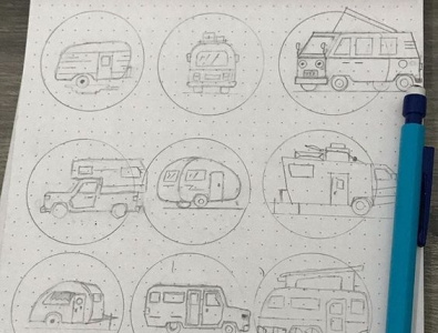 RV Camping Trailers Sketches adventure creative market design inking lineart rv simple design sketches trailers travel icon vintage work in progress work process