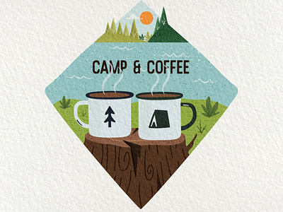 Camp & Coffee | Retro Badge Design with Textures adventure badge camp camping coffee cup design emblem enamel illustration logo mug vector vintage