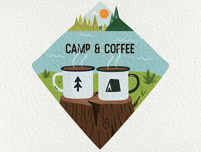 Camp & Coffee | Retro Badge Design with Textures adventure badge camp camping coffee cup design emblem enamel illustration logo mug vector vintage