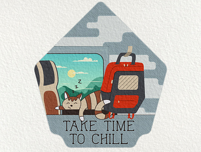 Take Time to Chill | Retro Badge Design with Textures badge camping cat chill chilling cute cat design emblem illustration label logo pet pets sleeping sticker train vector vintage
