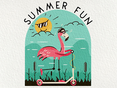 Flamingo Summer Fun | Badge Design with Textures adventure badge camping design emblem flamingo flat fun illustration jeksongraphics logo retro retro design scooter summer travel travel badge vector vintage