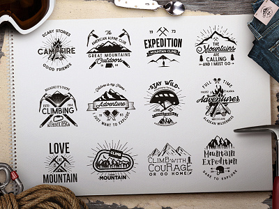 Mountain Expedition Badges. The Full Set. adventure badge camping climbing expedition handdrawn illustration label mountain sketch travel typography