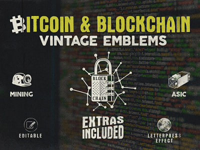 Bitcoin & Blockchain Vintage Emblems bitcoin blockchain business e commerce emblem hand drawn logo retro sticker technology typography vintage