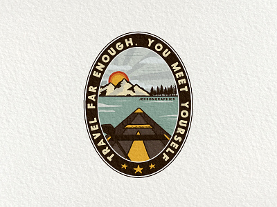 Travel Far Enough Patch | Retro Camping Badge | 5/12 adventure badge camping canoe design emblem illustration insignia logo mountain patch quote retro travel vector vintage wanderlust