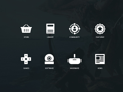 Steam Concept Icons app design community design featured games gaming hardware icons iconset library news software steam store ui