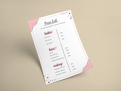 An example of a price list for a beauty salon adobe illustrator beauty branding cute design glitter graphic design haircut illustration list makeup menu pink price price list print typography vector