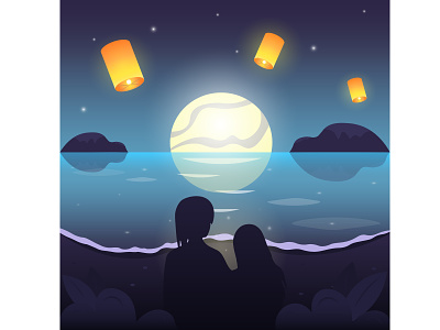 Two strangers adobe illustrator beach couple graphic design illustration landscape love moon nature night ocean sea stars vector