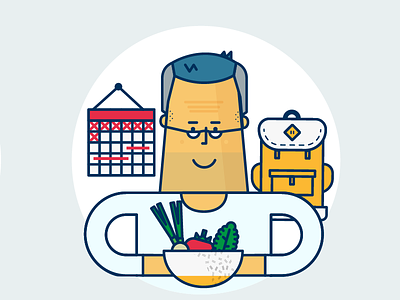 Character for an interactive website - Budget Direct backpack bowl character freelance healthy illustration leeds lucas jubb old man vegetables