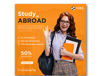 Study Abroad Social Media Post or Education Banner Square Flyer