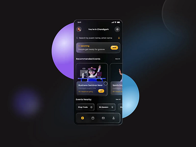 Event Booking App Interaction animation blur booking cards dark mode events glass effect glassmorphism gradient interaction mobile mockup motion graphics ui