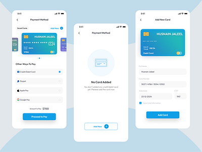 Checkout & Payment Method App Screens add card add new payment app design checkout mobile app payment method payment method app screens ticket booking ui uiux design