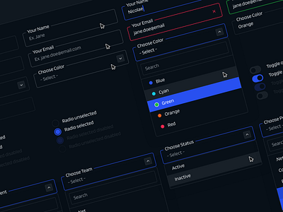 bizon360 design system dark checkboxes color palette color scheme colors component library components dark theme dark ui design system designsystem dropdowns inputs labels radio buttons search style guide styleguide toggles
