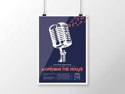reOPENING THE HOUSE blue design dezinsinteractive fundraiser listening room microphone music peach poster