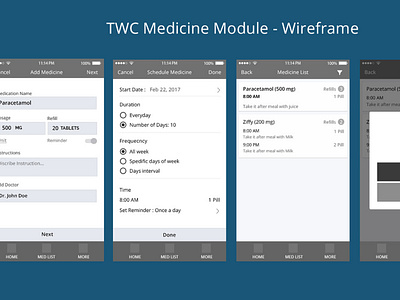 Health Corner - Medicine Module wireframe