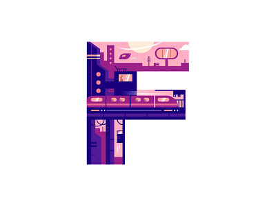 F – Future 36 days of type badge city city landscape emblem f flat design future future city futuristic hover car icon illustration lettering logo planet robots space speed train technology