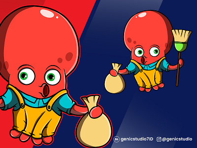 octopus_cleaning man -Custom Cartoon character and mascot design cartoon 2d cartoon illustration octopus cleaning man