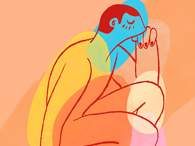 Seeking inward blue character figure illustration inside orange seeking thinking thoughts yellow