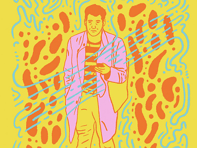 Post-work abstract blue coat fashion headphones illustration man orange phone pink tired yellow