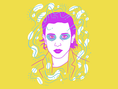 Bitchin' 80s blue character eleven face illustration pink portrait stranger things woman yellow