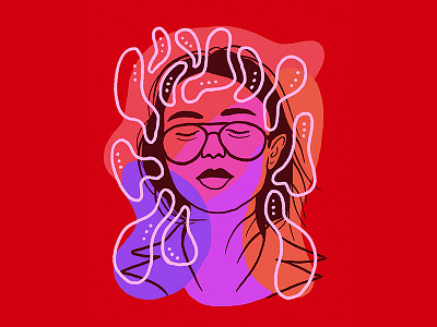 Ghostly Thoughts blue character face glasses illustration pink portrait red thinking thoughts woman